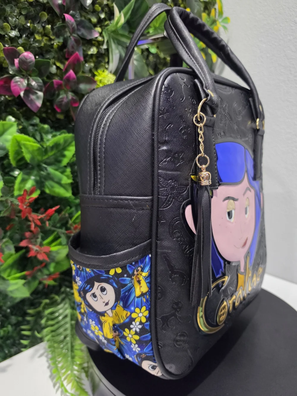 Handmade 30cm Coraline Black Backpack with Blue Hair Character Accent